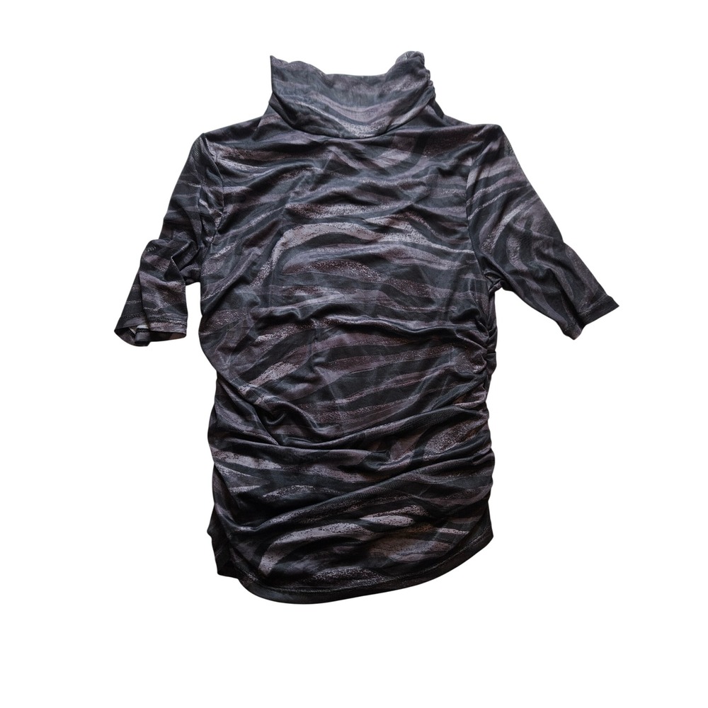 Cable & Gauge Grey Animal Print Ruched Mock Neck Mesh Top Small